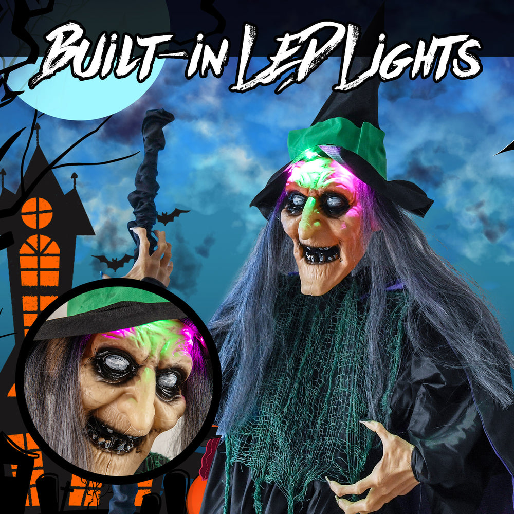 Life-size 7 feet witch animatronic with LED lights, laughing sounds, and a realistic broom for Halloween decorations.