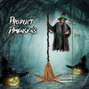 7-foot Halloween animatronic witch on broom with LED lights, featuring sound effects and a life-size design for spooky.
