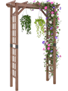 Wooden garden arch trellis in rustic brown, perfect for climbing plants and decorative hanging items in outdoor spaces.