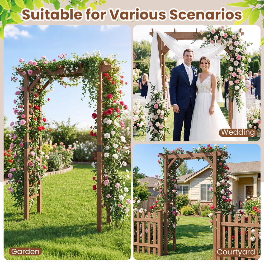 7 ft wooden garden arch with climbing plant support, rustic brown finish, ideal for weddings and outdoor decor.