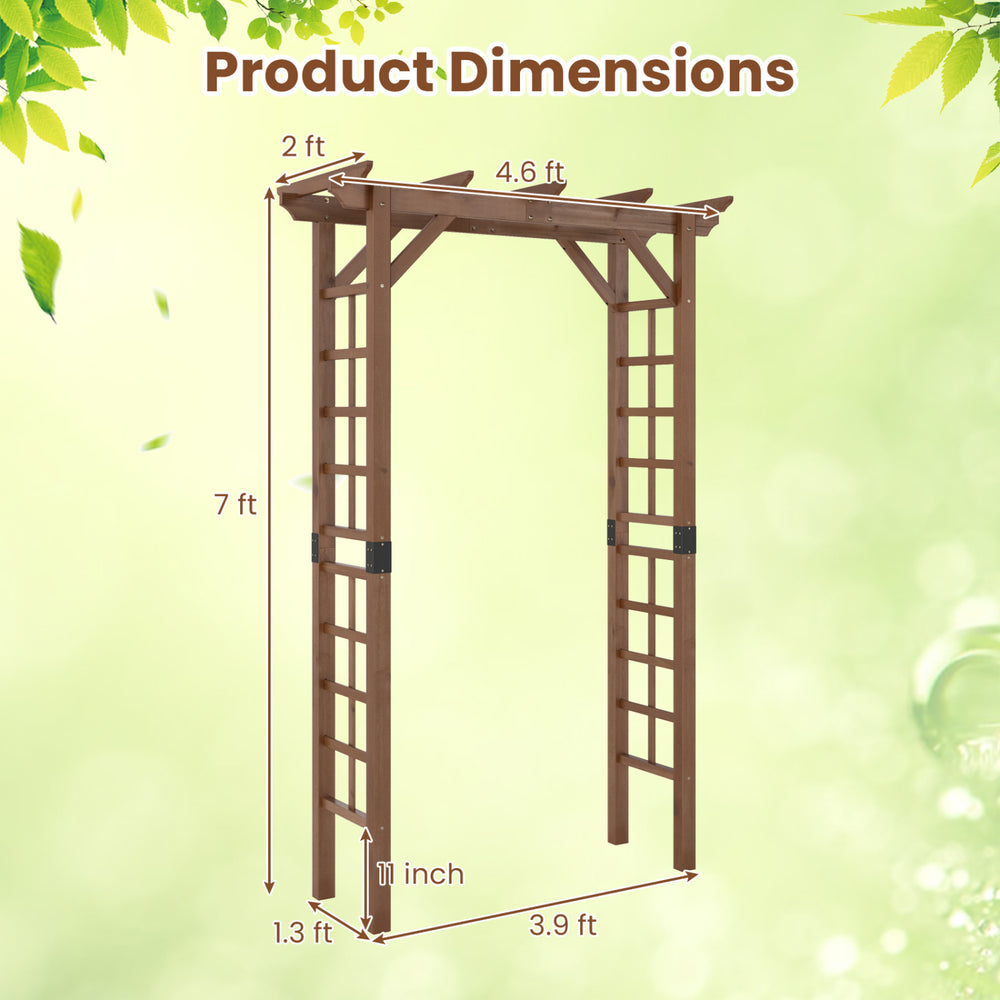 Wooden garden arch trellis measuring 7 ft tall and 4.6 ft wide, ideal for climbing plants and outdoor decor.