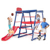 7-in-1 metal toddler climbing toy set with slide, climbing net, and basketball hoop for active play and social.