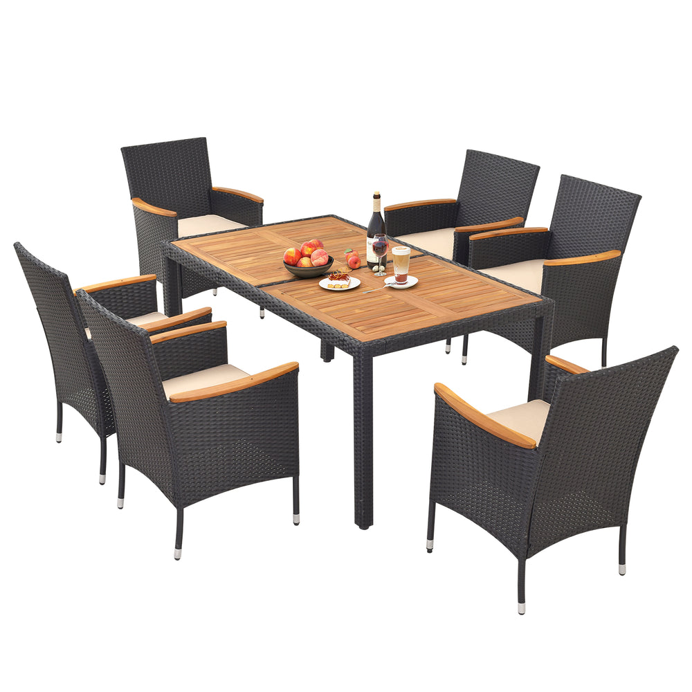 Stylish outdoor dining set with six rattan chairs and a slatted acacia wood tabletop, ideal for backyard dining and.