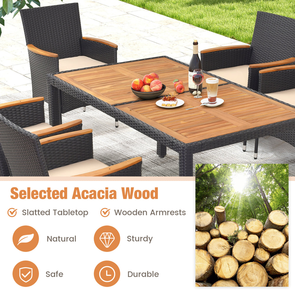 Outdoor dining set featuring a slatted acacia wood tabletop and wooden armrests, perfect for backyard gatherings.