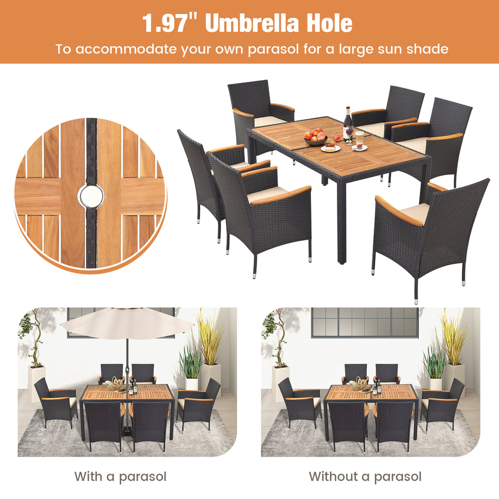 7-piece outdoor dining set featuring a 1.97" umbrella hole, acacia wood tabletop, and padded cushions for backyard.