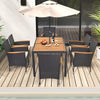 7-piece outdoor dining set featuring a slatted acacia wood tabletop and padded chairs, perfect for backyard gatherings.