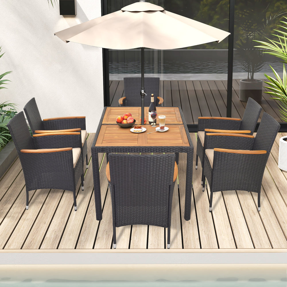 7-piece outdoor dining set featuring a slatted acacia wood tabletop and padded chairs, perfect for backyard gatherings.