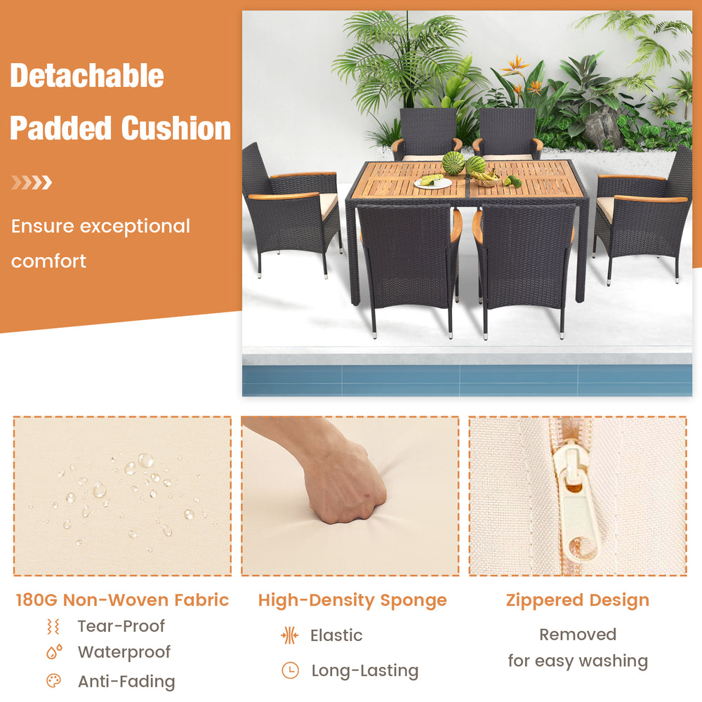 Detachable padded cushion from the 7-piece outdoor dining set, featuring waterproof fabric and zippered design for easy.