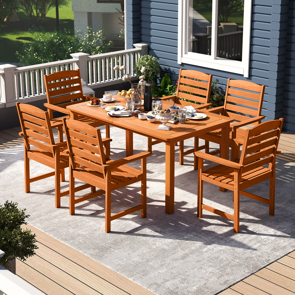 7-piece outdoor dining set with teak oil finish, featuring a slatted rectangular table and 6 armchairs for patio.