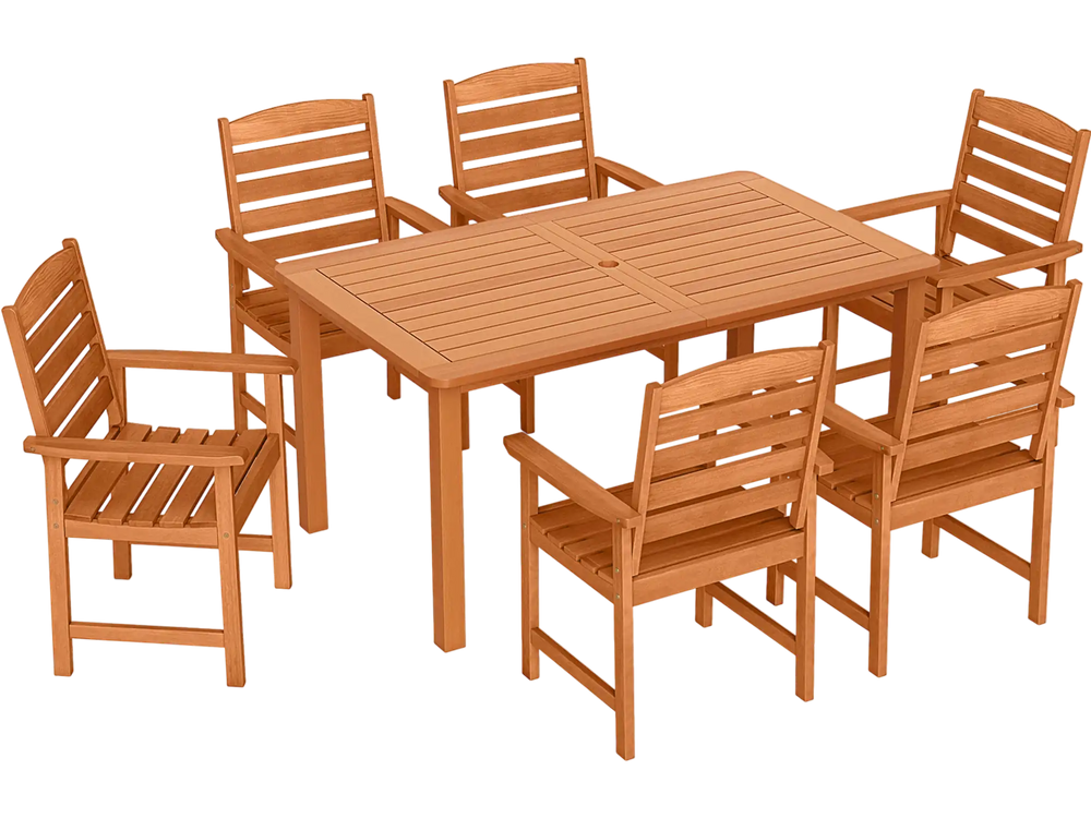 7 Pcs Outdoor Dining Set Teak Oil Finish Slatted Rectangular Dining Table and 6 Armchairs