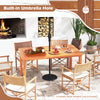 Rectangular dining table with 2" umbrella hole and 6 armchairs, perfect for outdoor patios and gatherings.