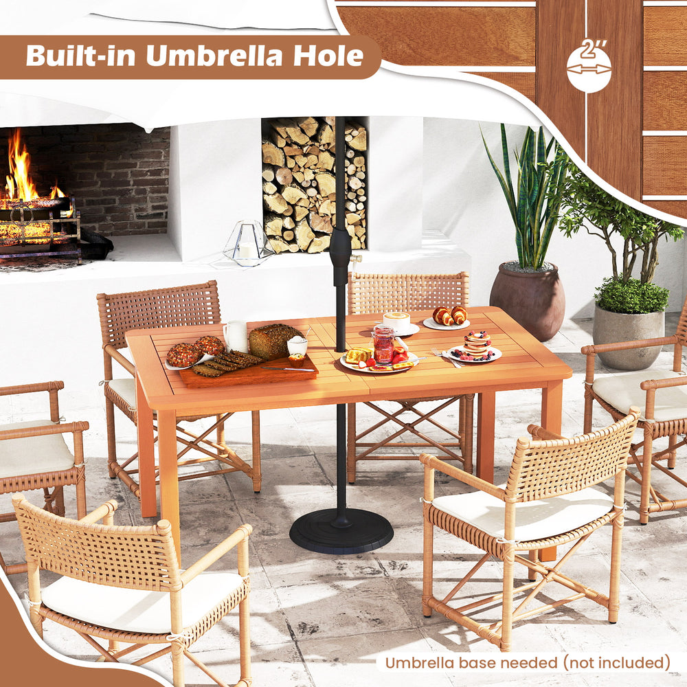 Rectangular dining table with 2" umbrella hole and 6 armchairs, perfect for outdoor patios and gatherings.
