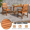 Teak oil finish outdoor dining set with slatted design, includes rectangular table and 6 armchairs for patio use.