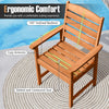 Single armchair with slatted seat and 105° inclined backrest, made of solid wood for outdoor dining comfort.