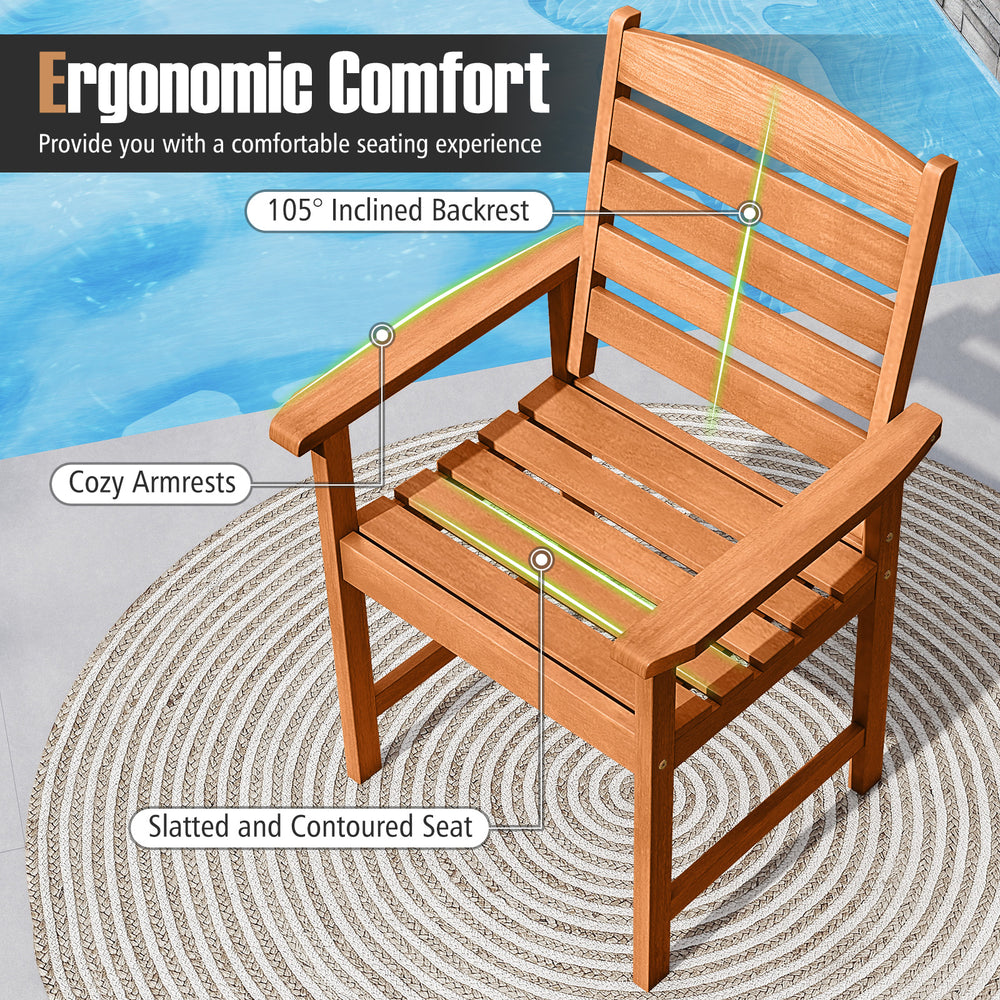 Single armchair with slatted seat and 105° inclined backrest, made of solid wood for outdoor dining comfort.
