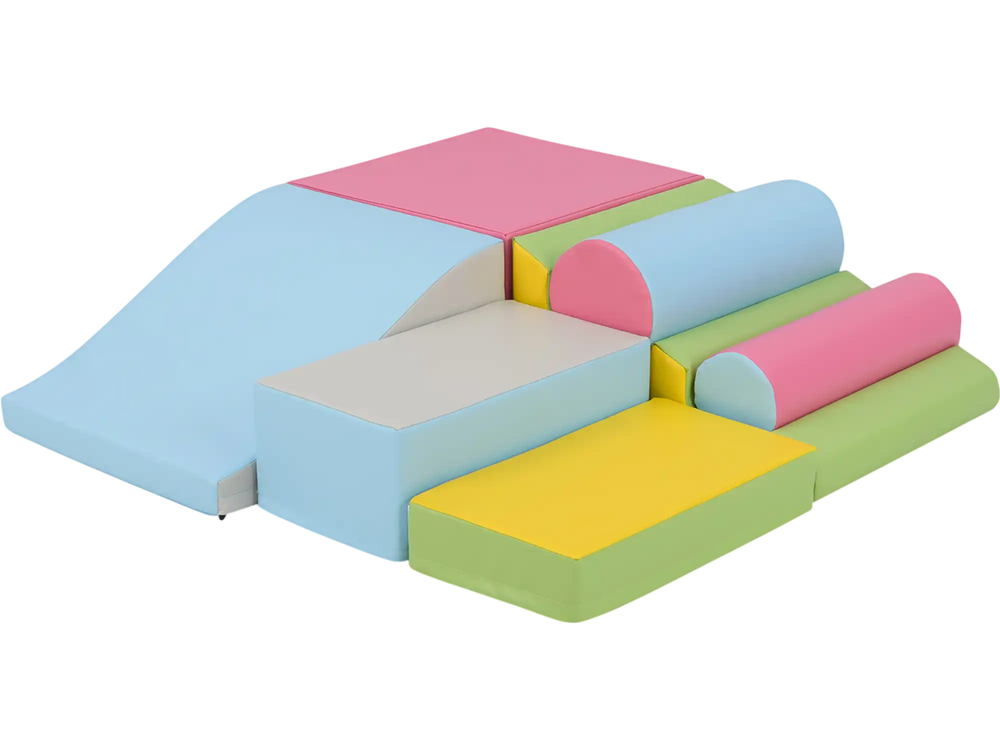 Colorful 7-piece foam climbing blocks for toddlers, featuring soft, safe materials for indoor play and motor skill.