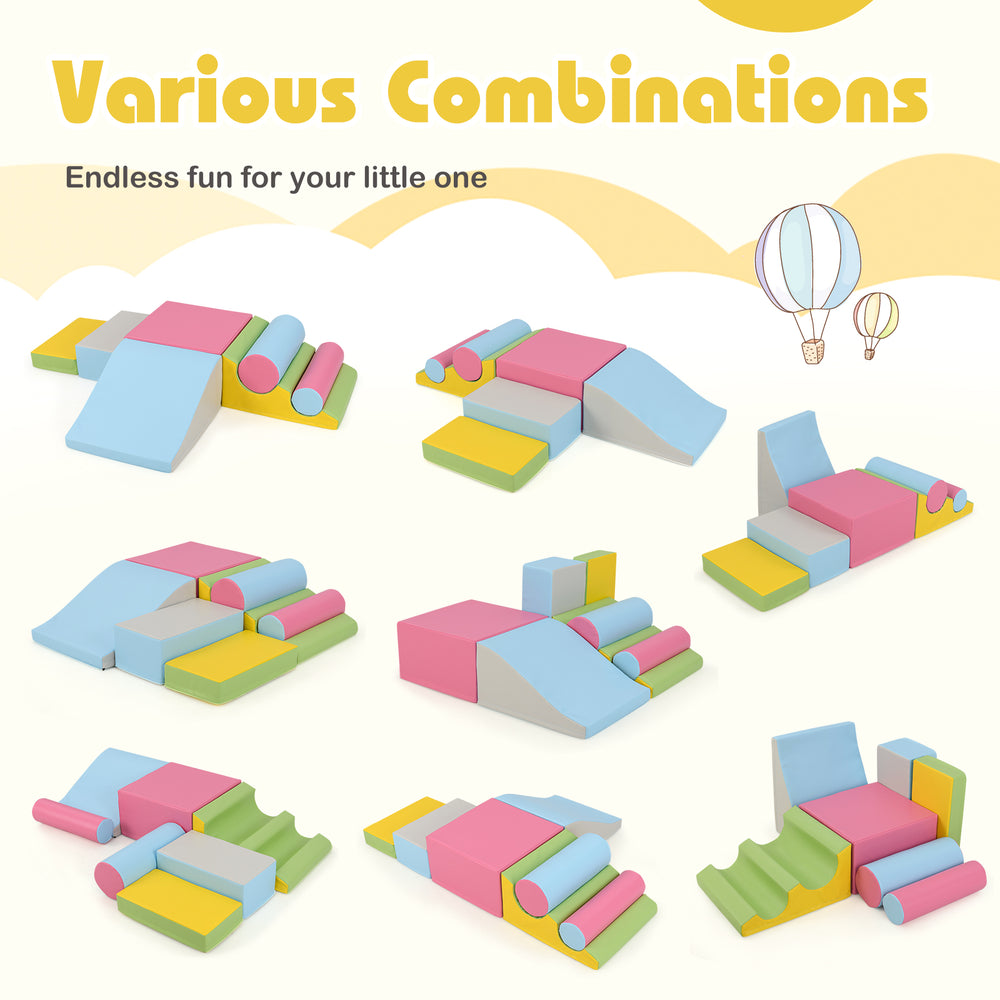 Colorful 7-piece foam blocks for toddlers, featuring soft climbing toys for safe indoor play and motor skill.