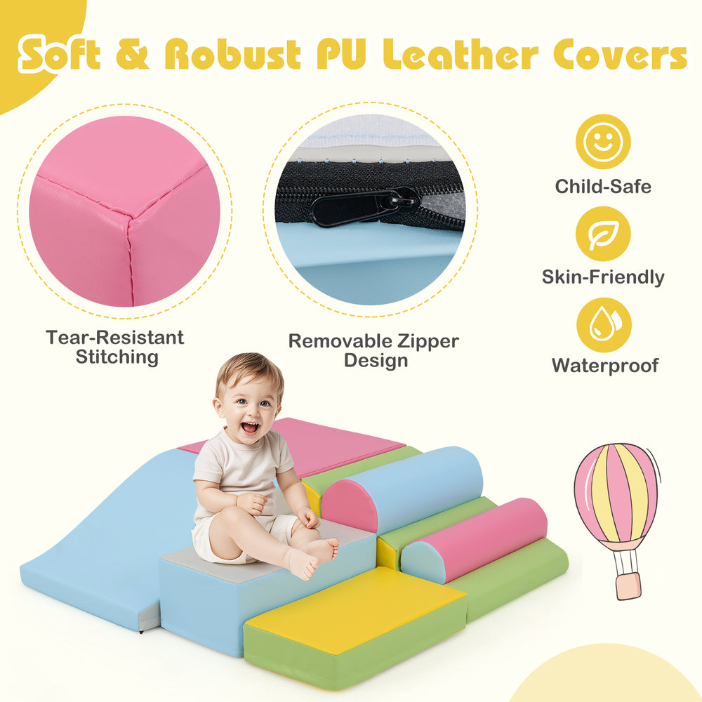 Colorful 7-piece foam blocks for toddlers with waterproof PU leather covers, designed for safe indoor climbing play.