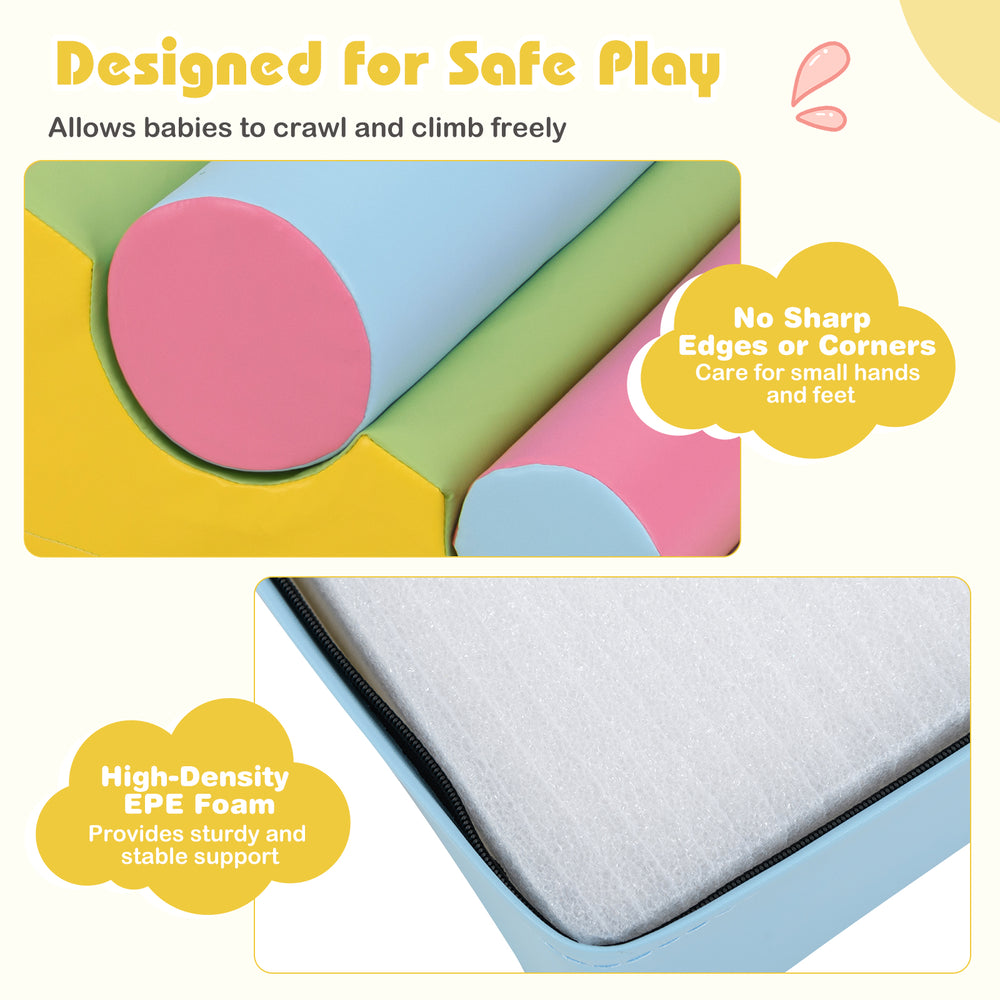 Close-up of colorful 7-piece foam blocks for toddlers, featuring soft PU leather covers and no sharp edges for safe.