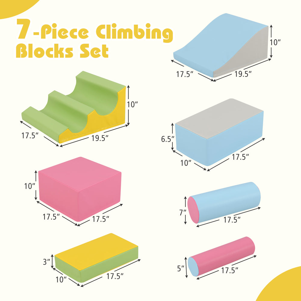 Colorful 7-piece foam climbing blocks set for toddlers, featuring various shapes and soft, durable materials for safe.