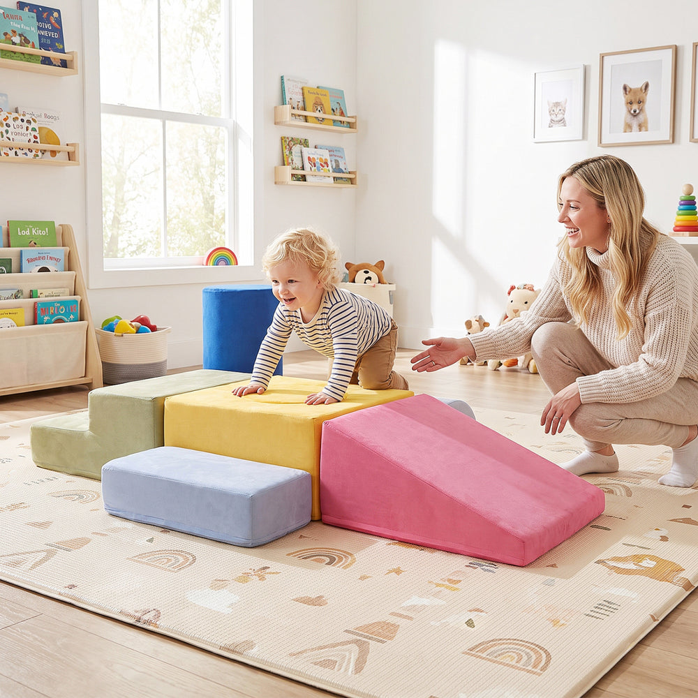Colorful 7-piece foam climbing blocks for toddlers, featuring detachable covers and safe, skin-friendly flannel fabric.