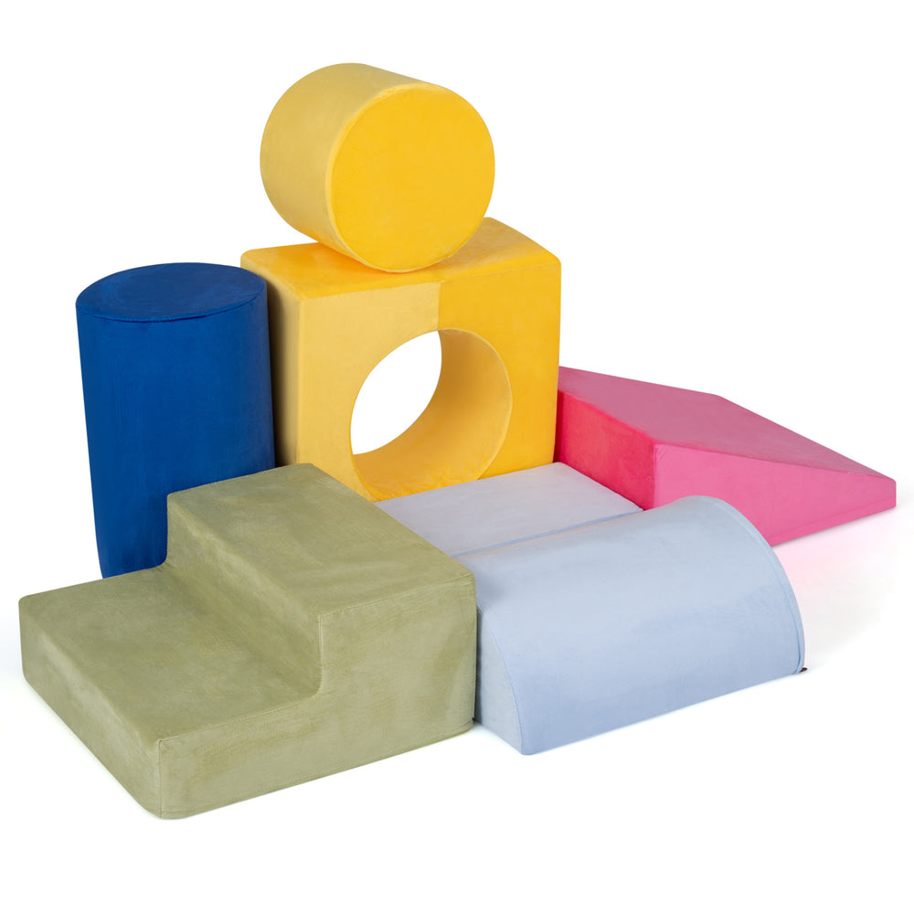 Colorful 7-piece foam climbing blocks in various shapes for toddlers, ideal for playrooms and enhancing creativity.