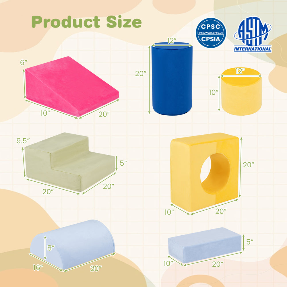 Colorful 7-piece foam climbing blocks for toddlers, featuring various shapes and detachable covers for easy cleaning.