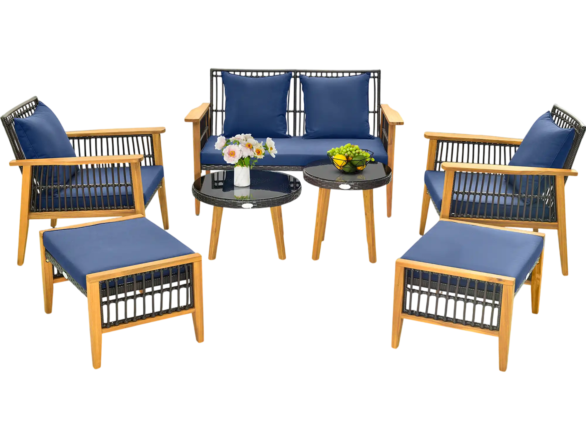 Costway 7-Piece Outdoor Conversation Set Acacia Wood Frame Navy Cushions 14378659 New