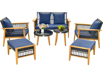 Costway 7-Piece Outdoor Conversation Set Acacia Wood Frame Navy Cushions 14378659 New