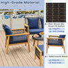 Brown PE rattan armchair with solid acacia wood frame and navy cushions, perfect for outdoor relaxation and comfort.
