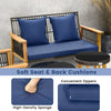 Cozy navy seat and back cushions with zippers on a stable acacia wood frame for outdoor relaxation.