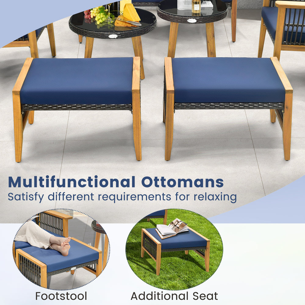 Multifunctional ottomans with navy cushions, made of acacia wood, serve as footstools or additional seats for outdoor.