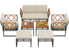 7-piece outdoor conversation set featuring beige cushions, acacia wood accents, and a sturdy metal frame for backyard.