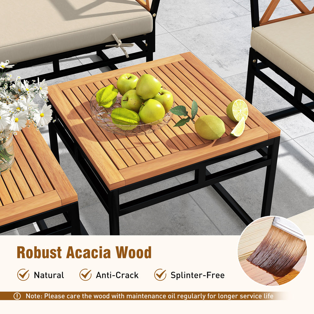Acacia wood tabletop of the 7-piece outdoor conversation set, showcasing natural elegance and durability for outdoor.