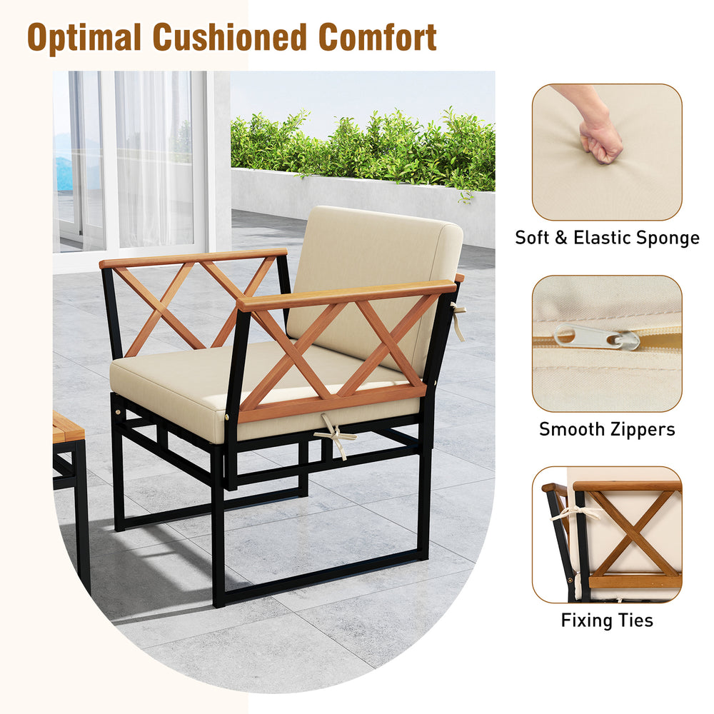 Cushioned outdoor chair with acacia wood armrests and bungee rope seat, ideal for backyard relaxation.