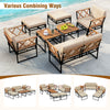 7-piece outdoor conversation set featuring beige cushions, acacia wood accents, and a flexible arrangement for backyard.