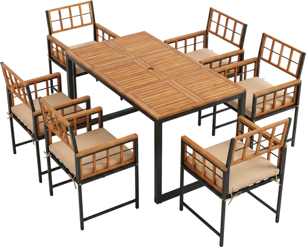Top view of the 7-piece outdoor dining set with acacia wood table and cushioned chairs, ideal for garden gatherings.