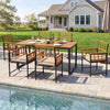 7-piece outdoor dining set featuring an acacia wood table and chairs with cushions, perfect for patio or garden use.