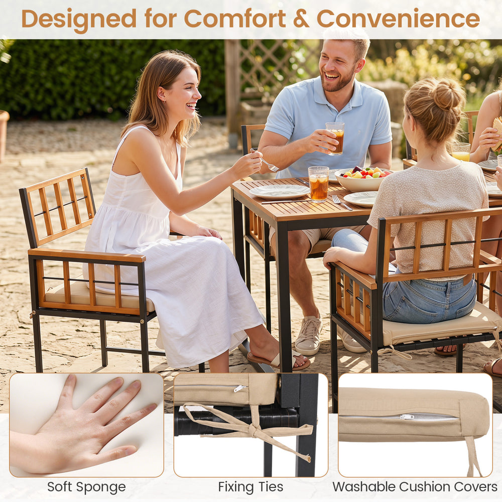 7-piece outdoor dining set featuring solid acacia wood table and chairs with washable cushion covers for patio comfort.