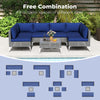 7-piece outdoor furniture set with navy cushions and tempered glass coffee table, perfect for backyard and poolside use.