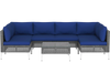 L-shaped 7 piece outdoor furniture set in navy with PE rattan, cushions, and tempered glass coffee table for patio use.