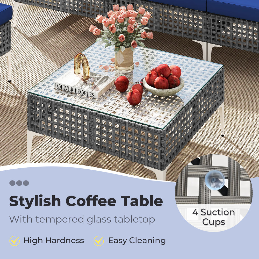 Stylish coffee table with tempered glass top and 4 suction cups, perfect for outdoor use in backyard or poolside.