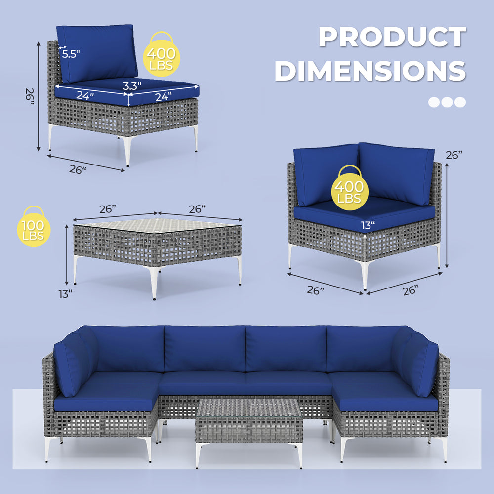 7-piece outdoor furniture set featuring navy wicker chairs and a tempered glass coffee table, ideal for backyard.