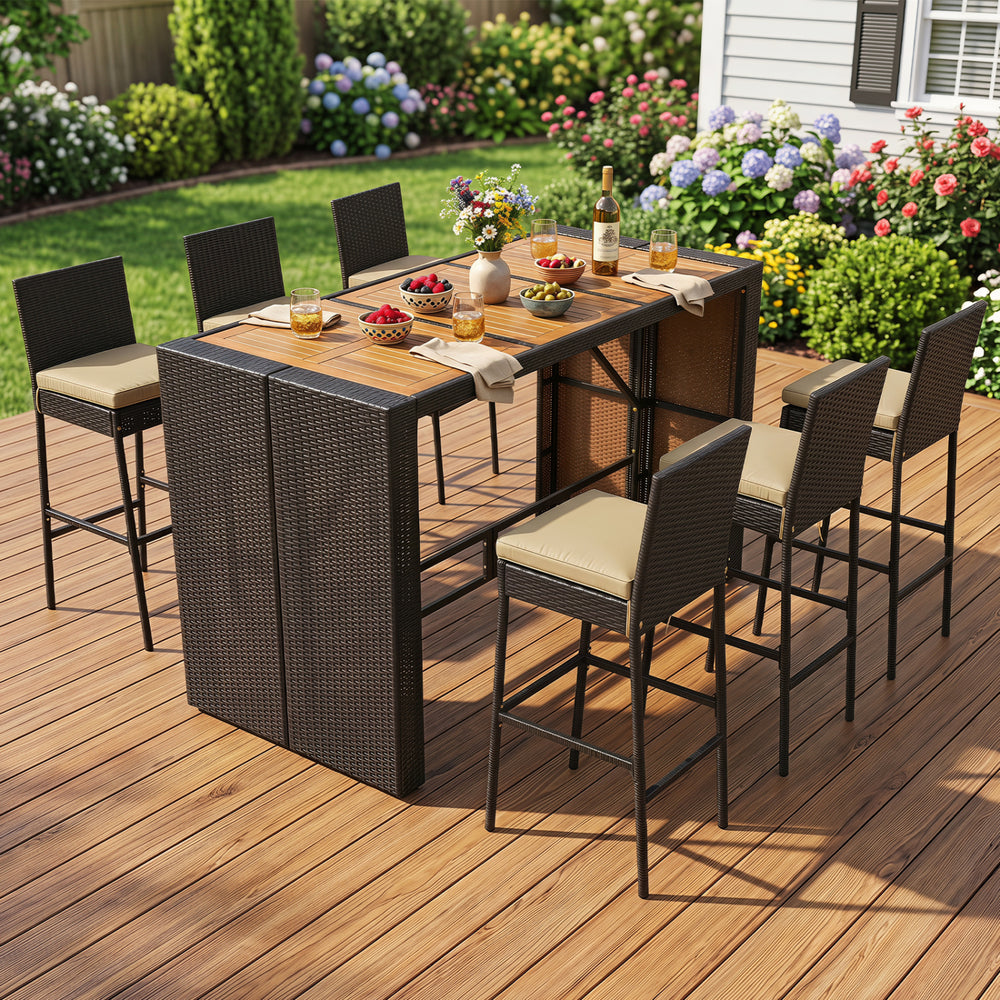 7-piece outdoor PE wicker bar set featuring a brown bar height table and 6 cushioned stools for backyard gatherings.
