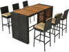 7-piece outdoor PE wicker bar set featuring a brown acacia wood tabletop and 6 cushioned stools for versatile backyard use.