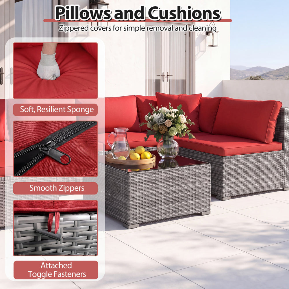 Red cushions and pillows with zippered covers on a 7-piece PE rattan patio set for outdoor comfort and style.