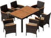 7-piece patio dining set featuring a wood tabletop, padded chairs, and hand-woven PE wicker for backyard gatherings.