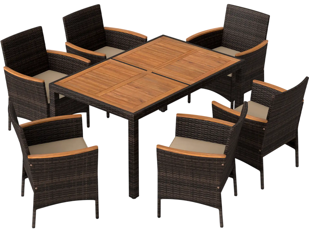 7-piece patio dining set featuring a wood tabletop, padded chairs, and hand-woven PE wicker for backyard gatherings.