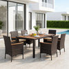 7-piece patio dining set featuring a wood tabletop and padded cushions, ideal for backyard gatherings.
