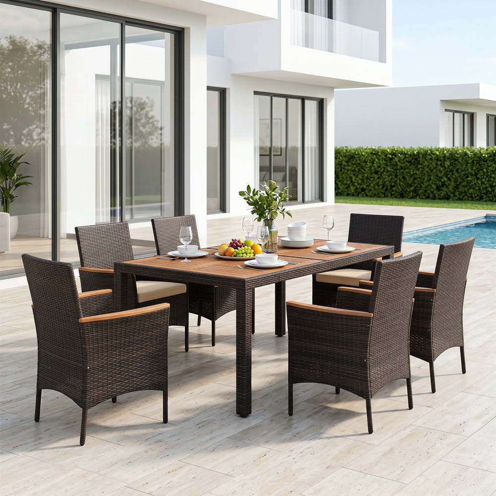 7-piece patio dining set featuring a wood tabletop and padded cushions, ideal for backyard gatherings.